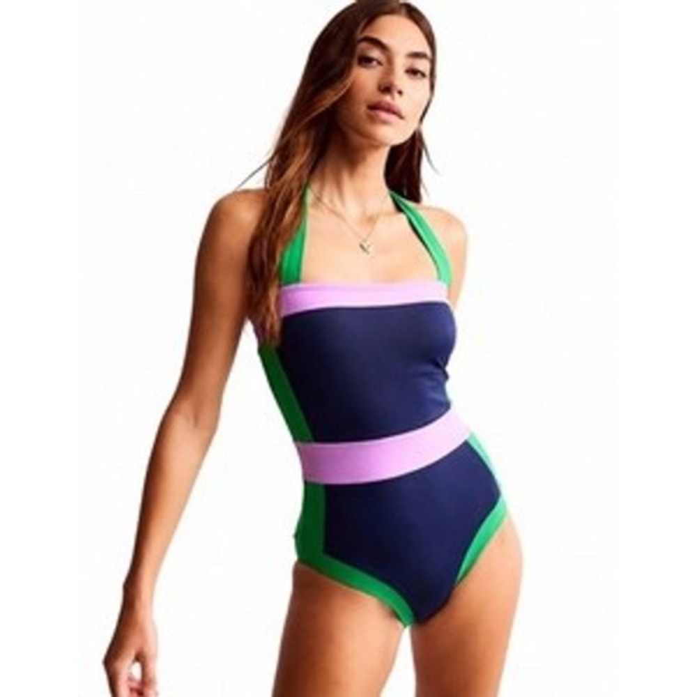 Boden Swimsuit Women 12 Navy Blue Green Pink Colorblock Halter One Piece S0157